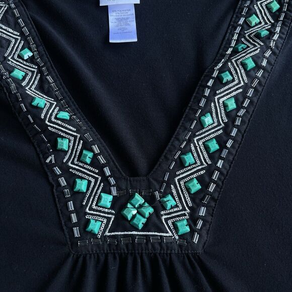 Dotti Blouse Womens Plus Size 1X Black Beaded Deep V 3/4 Sleeve Aztec Boho Tunic - Picture 3 of 10